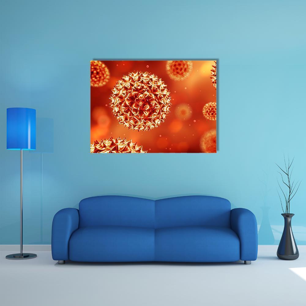 Icosahedral Virus Close-up Canvas Wall Art in gold, red and orange, single panel hung on a wall