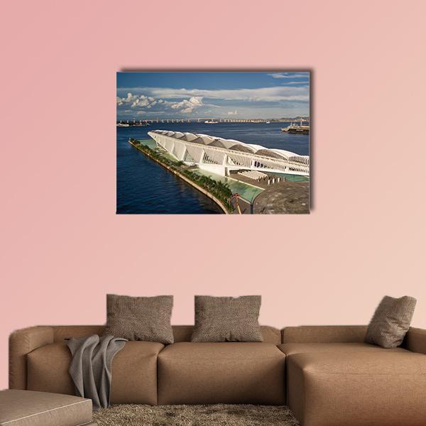 Museum with Curving White Roof and Bridge Canvas Wall Art in white, gray and blue, single panel hung on a wall