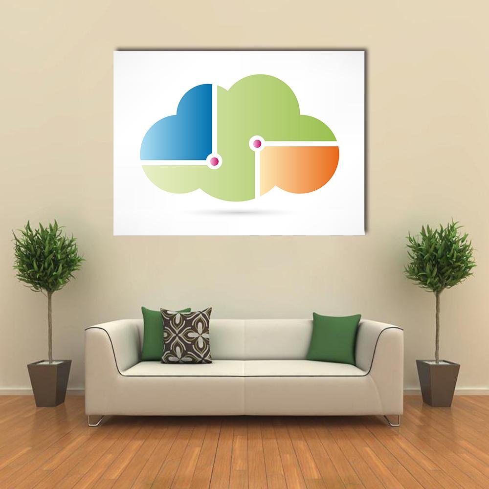 Four-quadrant Cloud Computing Icon Canvas Wall Art in white, green and blue, single panel hung on a wall