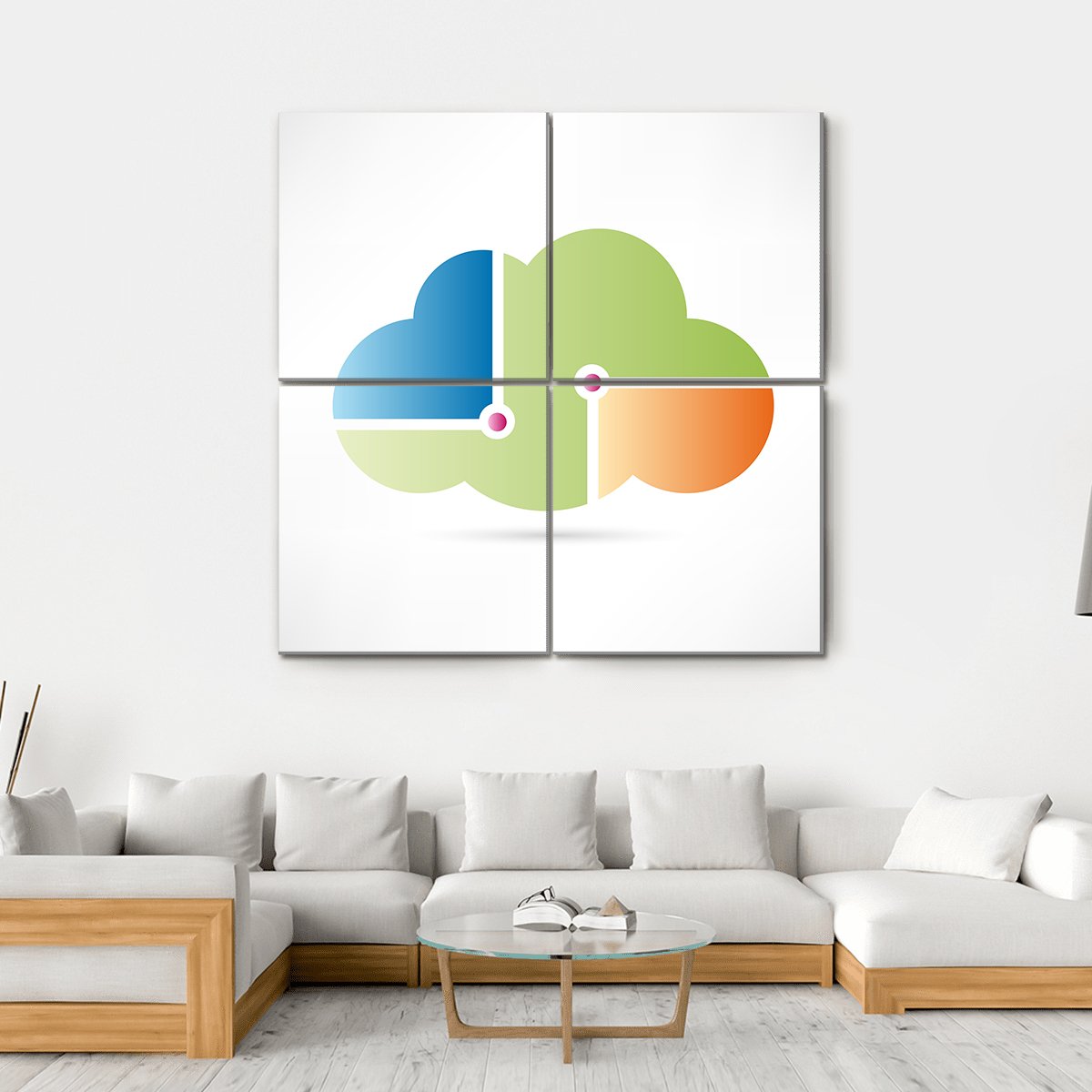 Cloud Computing Icon Canvas Wall Art in white, green and blue, single panel hung on a wall