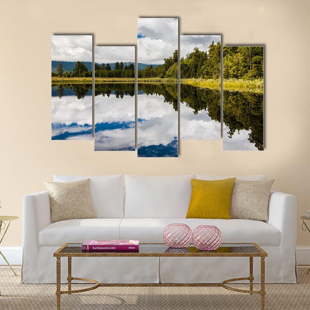 Clouds On Lake Matheson Canvas Wall Art-5 Pop-Gallery Wrap-47" x 32"-Tiaracle