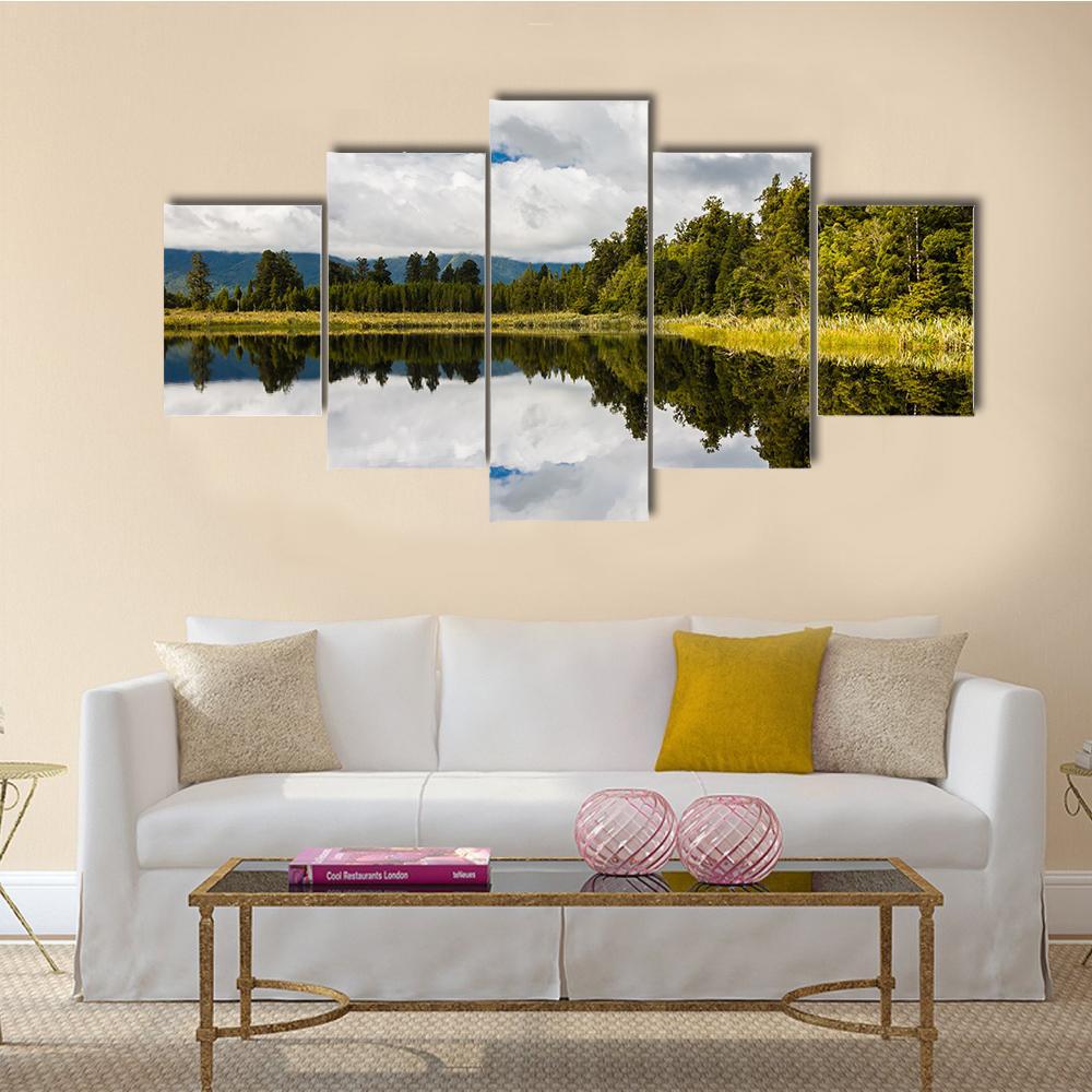 Clouds On Lake Matheson Canvas Wall Art-5 Star-Gallery Wrap-62" x 32"-Tiaracle