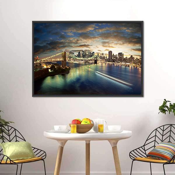 Clouds Over Brooklyn Bridge Canvas Wall Art in black, yellow and blue, framed canvas, product view on a white background
