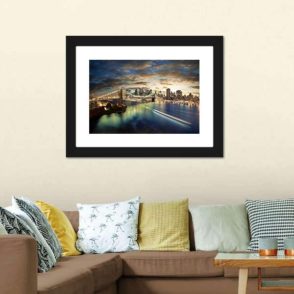 Clouds Over Brooklyn Bridge Canvas Wall Art-1 Piece-Framed Print-20&quot; x 16&quot;-Tiaracle