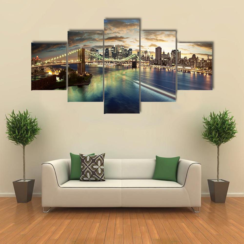 Clouds Over Brooklyn Bridge Canvas Wall Art-5 Star-Gallery Wrap-62&quot; x 32&quot;-Tiaracle