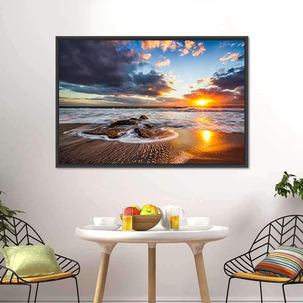 Sunrise With Bright Red Sky On Sea Canvas Wall Art - Tiaracle