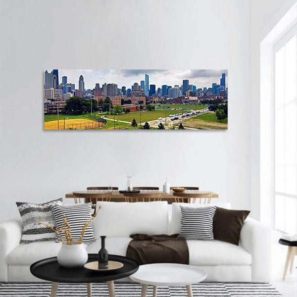 Cloudy Day In Chicago Panoramic Canvas Wall Art-3 Piece-25" x 08"-Tiaracle