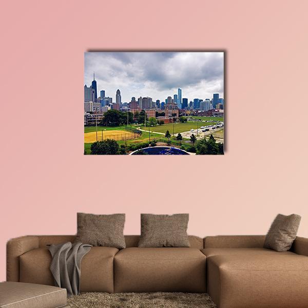 Chicago Skyline on a Cloudy Day Canvas Wall Art in gray, green and blue, single panel hung on a wall