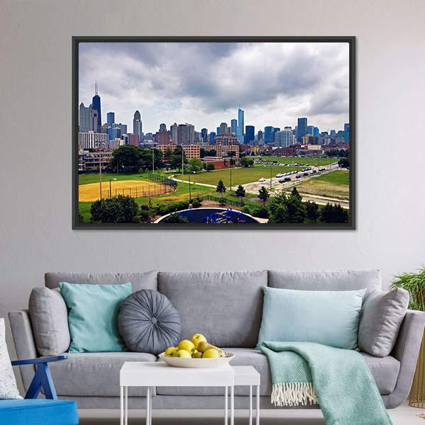 Cloudy Day In Chicago Panoramic Canvas Wall Art-1 Piece-36" x 12"-Tiaracle