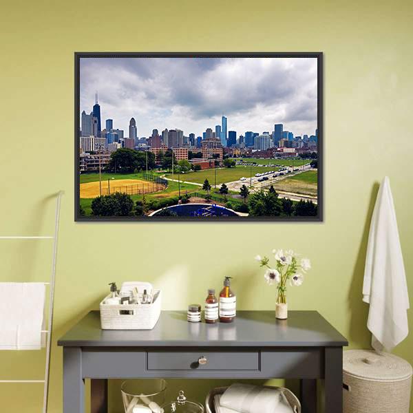 Cloudy Day In Chicago Panoramic Canvas Wall Art-1 Piece-36" x 12"-Tiaracle