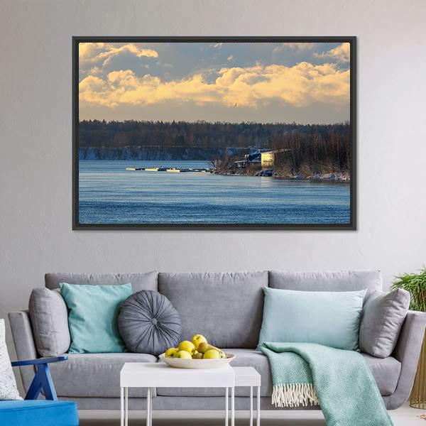 Cloudy Sky Over River Panoramic Canvas Wall Art-1 Piece-36" x 12"-Tiaracle