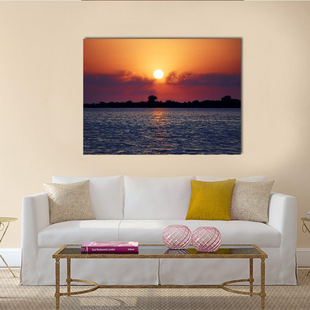 Cloudy Sunset On Lake Canvas Wall Art-5 Star-Gallery Wrap-62" x 32"-Tiaracle