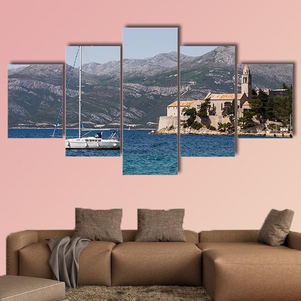 Yacht On Lopud Island Canvas Wall Art-5 Star-Gallery Wrap-62" x 32"-Tiaracle