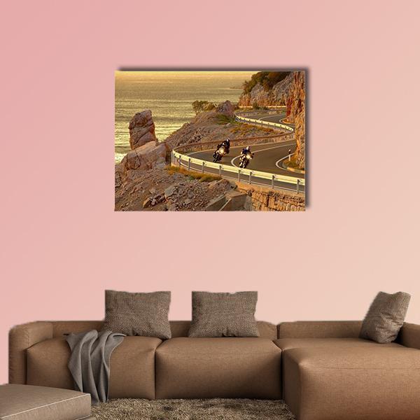 Croatia Coastal Road at Sunset Canvas Wall Art in brown, orange and yellow, single panel hung on a wall