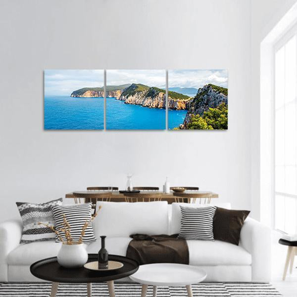 Coastline of Lefkada Island Panoramic Canvas Wall Art in white, green and blue, hung on a wall