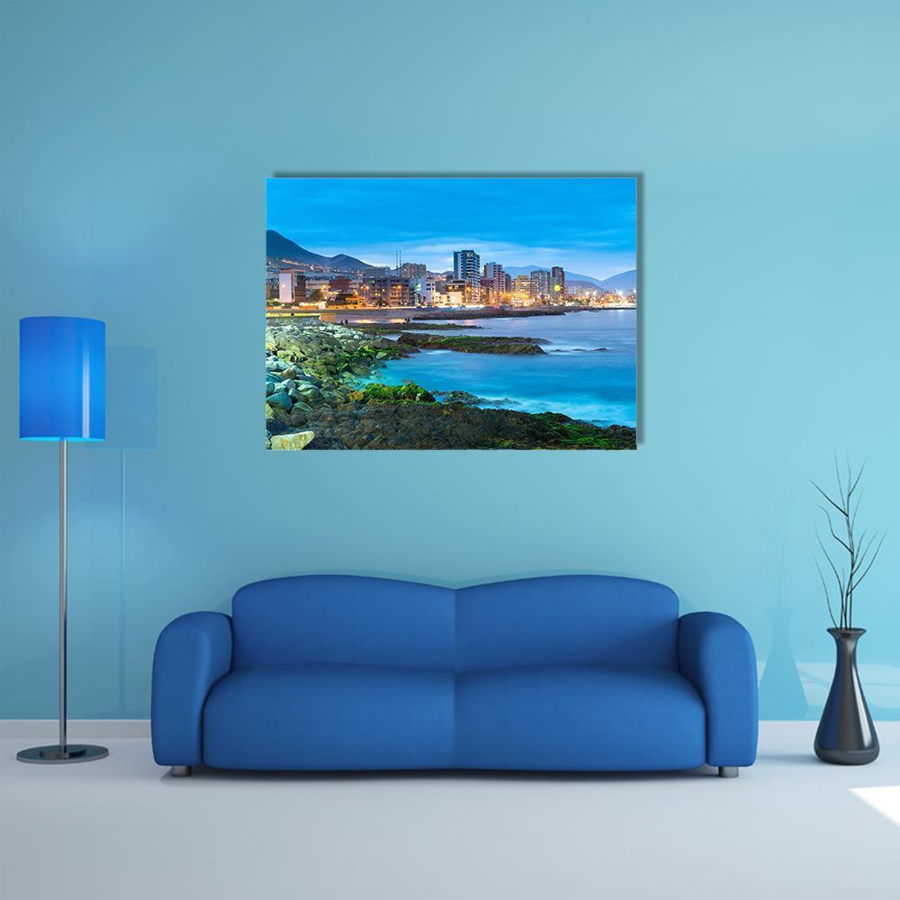 Antofagasta Coastline at Dusk Canvas Wall Art in black, yellow and blue, single panel hung on a wall