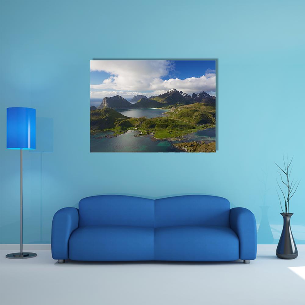 Lofoten Coastline with Turquoise Bays Canvas Wall Art in green and blue, single panel hung on a wall
