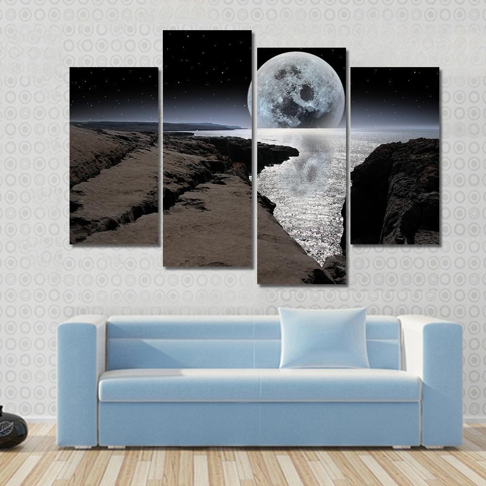 Coastline With Bright Moon Canvas Wall Art-3 Horizontal-Gallery Wrap-37" x 24"-Tiaracle