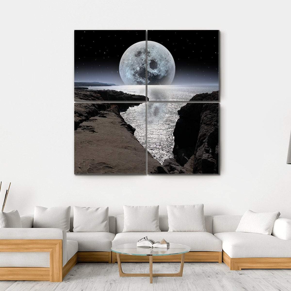 Coastline With Bright Moon Canvas Wall Art-4 Square-Gallery Wrap-17" x 17"-Tiaracle