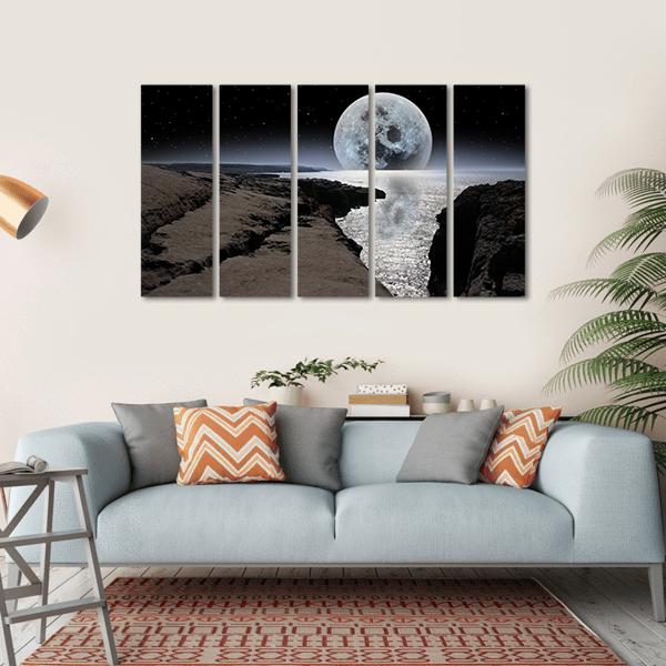 Coastline With Bright Moon Canvas Wall Art-5 Horizontal-Gallery Wrap-22" x 12"-Tiaracle