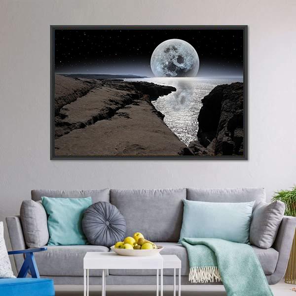 Coastline With Bright Moon Panoramic Canvas Wall Art-1 Piece-36" x 12"-Tiaracle