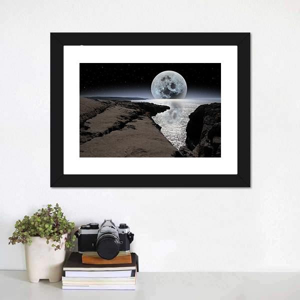 Coastline With Bright Moon Panoramic Canvas Wall Art-1 Piece-36" x 12"-Tiaracle