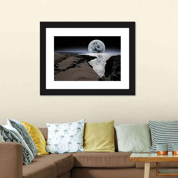 Coastline With Bright Moon Panoramic Canvas Wall Art-1 Piece-36" x 12"-Tiaracle