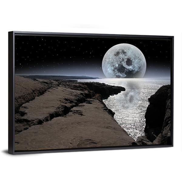 Coastline With Bright Moon Panoramic Canvas Wall Art-1 Piece-36" x 12"-Tiaracle