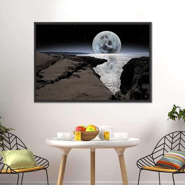 Coastline With Bright Moon Panoramic Canvas Wall Art-1 Piece-36" x 12"-Tiaracle