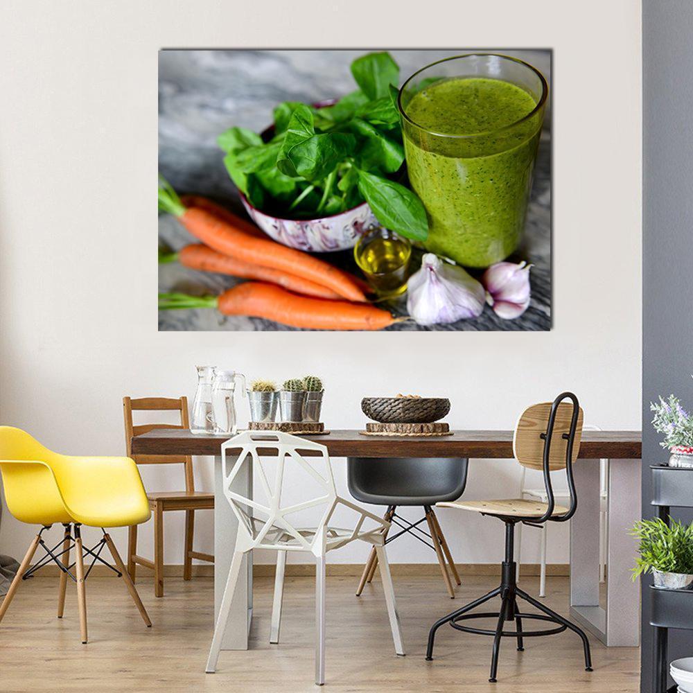 Cocktail and Vegetables Canvas Wall Art in gray, orange and green, single panel hung on a wall