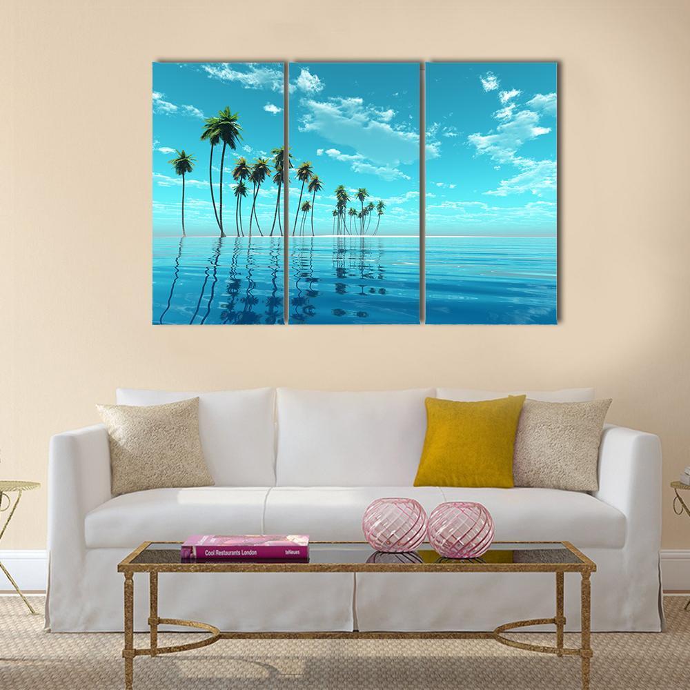 Palm Trees Reflecting on Tropical Sea Canvas Wall Art in blue, 3 panel horizontal set hung on a wall
