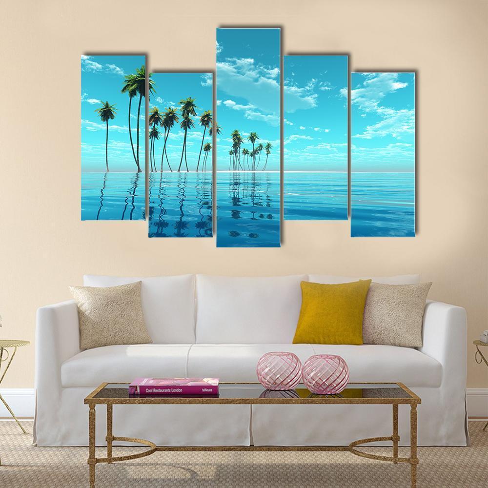 Coconut Trees At Tropic Sea Canvas Wall Art-5 Pop-Gallery Wrap-47" x 32"-Tiaracle