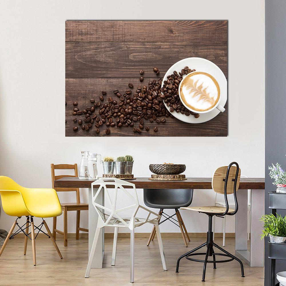 Coffee &amp; Coffee Beans Canvas Wall Art in white, beige and brown, single panel hung on a wall