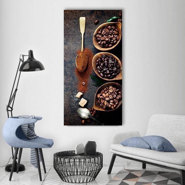 Three Wooden Bowls of Coffee Beans Vertical Canvas Wall Art in black, beige and brown, single vertical panel hung on a wall