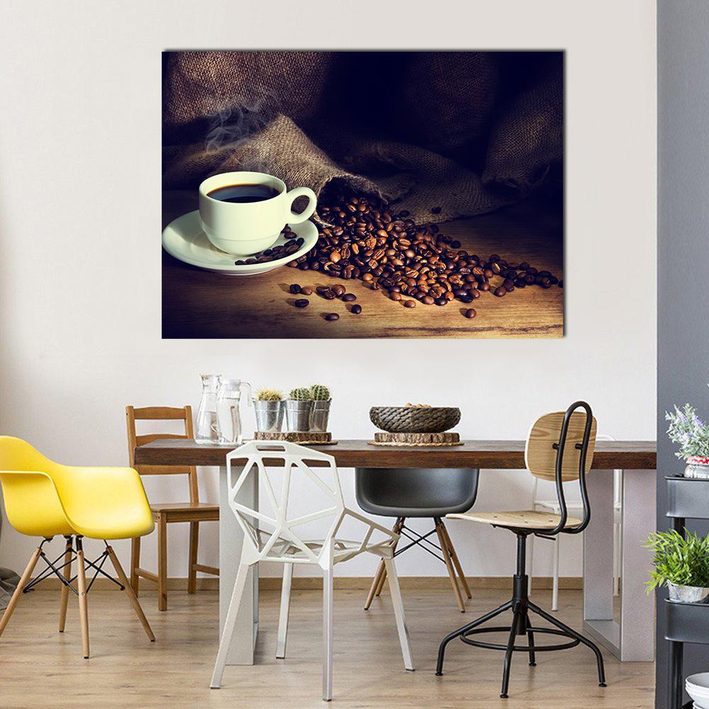 Coffee Cup and Coffee Beans Canvas Wall Art in black, beige and brown, single panel hung on a wall