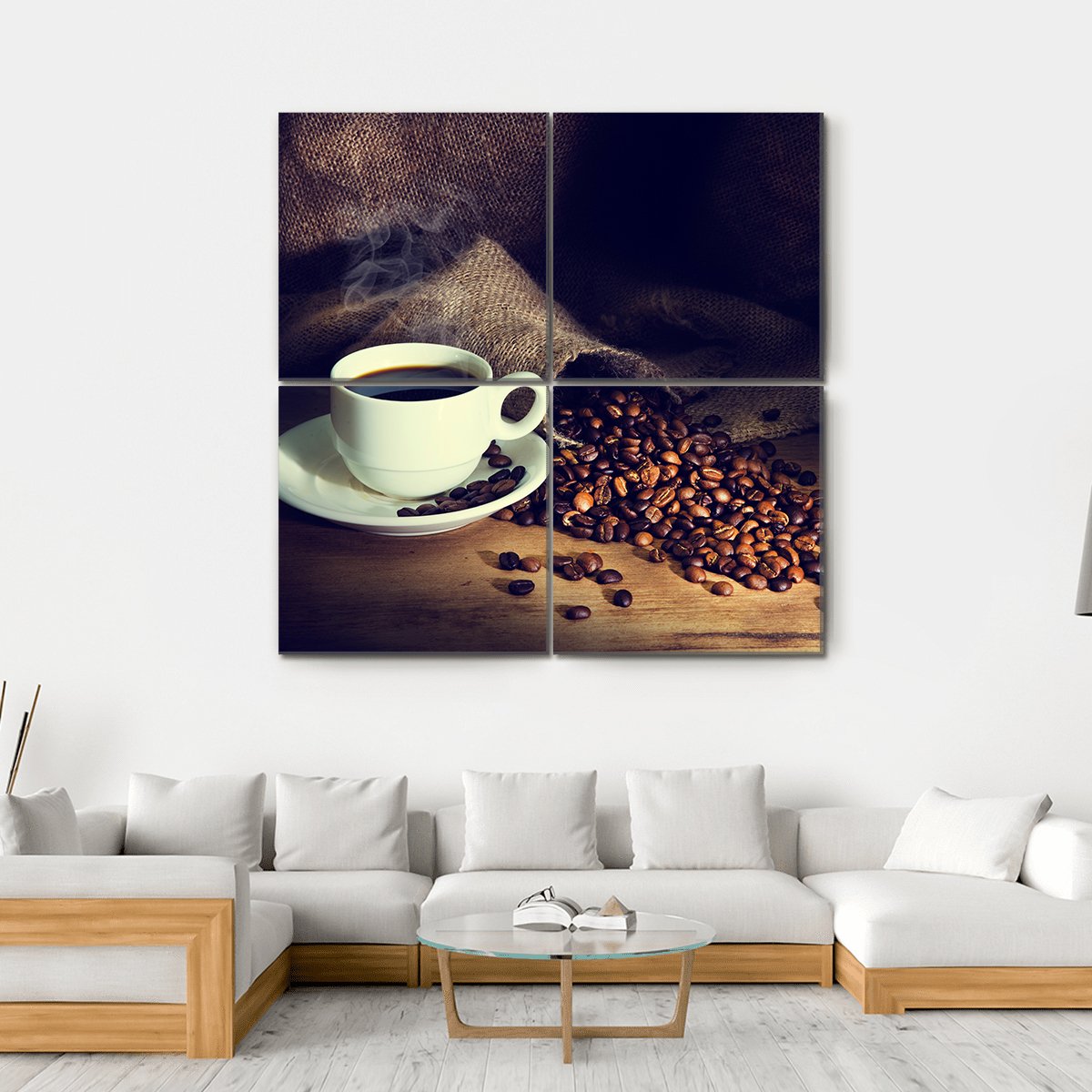 Steaming Coffee Cup with Roasted Beans Canvas Wall Art in black, beige and brown, hung on a wall