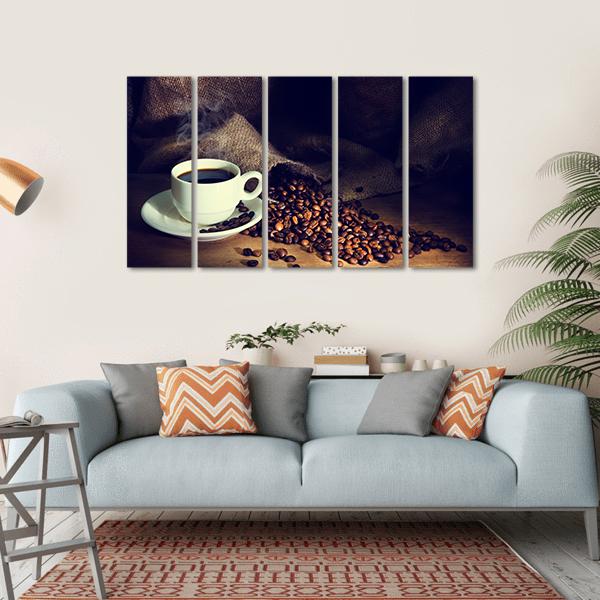 Coffee Cup & Coffee Beans Canvas Wall Art-5 Horizontal-Gallery Wrap-22" x 12"-Tiaracle