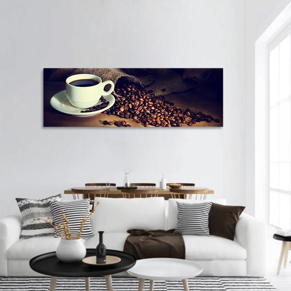 Coffee Cup &amp; Coffee Beans Panoramic Canvas Wall Art-1 Piece-36" x 12"-Tiaracle