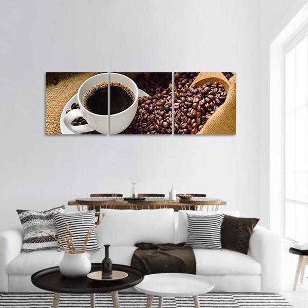 Coffee Cup &amp; Coffee Beans Panoramic Canvas Wall Art-3 Piece-25" x 08"-Tiaracle