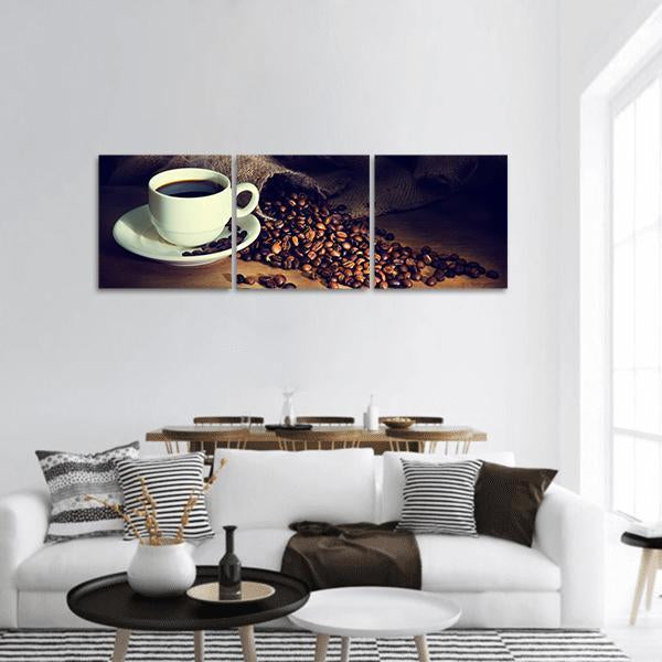 Coffee Cup &amp; Coffee Beans Panoramic Canvas Wall Art-3 Piece-25" x 08"-Tiaracle