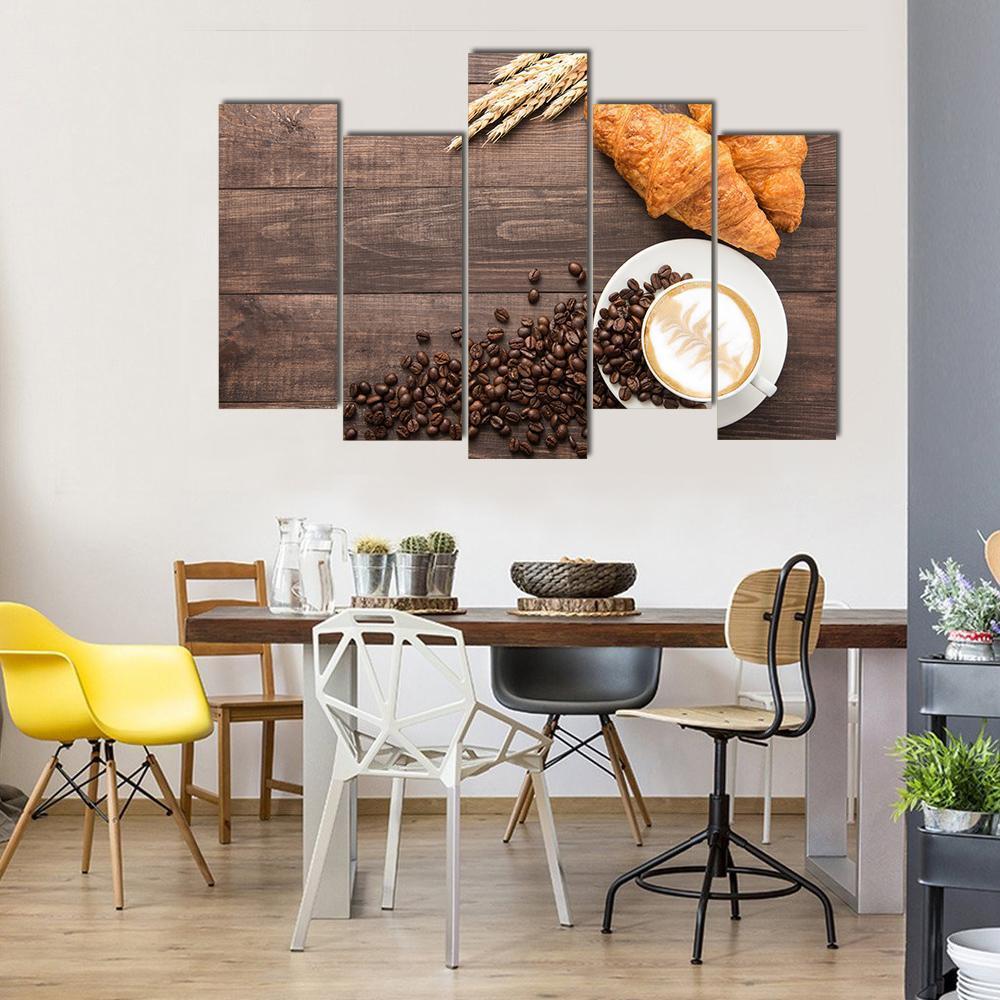 Coffee Cup &amp; Croissants Canvas Wall Art-5 Pop-Gallery Wrap-47&quot; x 32&quot;-Tiaracle