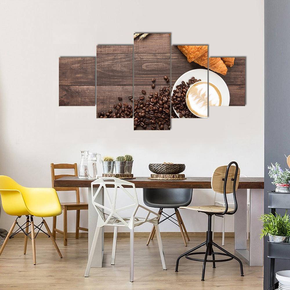 Coffee Cup &amp; Croissants Canvas Wall Art-5 Star-Gallery Wrap-62&quot; x 32&quot;-Tiaracle