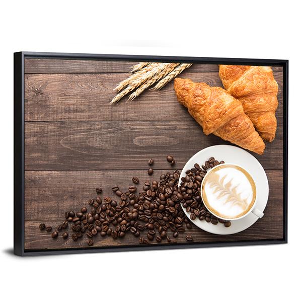 Coffee Cup &amp; Croissants Canvas Wall Art-3 Horizontal-Gallery Wrap-25&quot; x 16&quot;-Tiaracle
