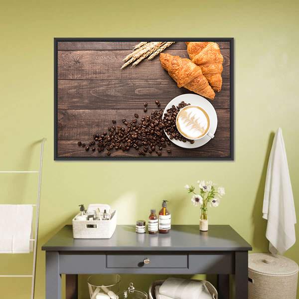 Coffee Cup &amp; Croissants Canvas Wall Art-3 Horizontal-Gallery Wrap-25&quot; x 16&quot;-Tiaracle