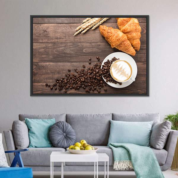 Coffee Cup &amp; Croissants Canvas Wall Art-3 Horizontal-Gallery Wrap-25&quot; x 16&quot;-Tiaracle