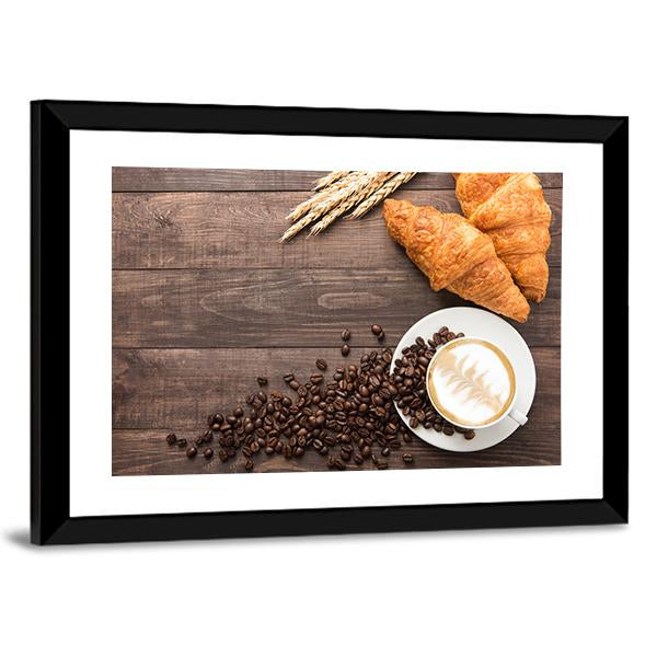 Coffee Cup &amp; Croissants Canvas Wall Art-3 Horizontal-Gallery Wrap-25&quot; x 16&quot;-Tiaracle
