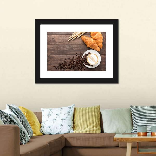 Coffee Cup & Croissants Canvas Wall Art-1 Piece-Framed Print-20" x 16"-Tiaracle