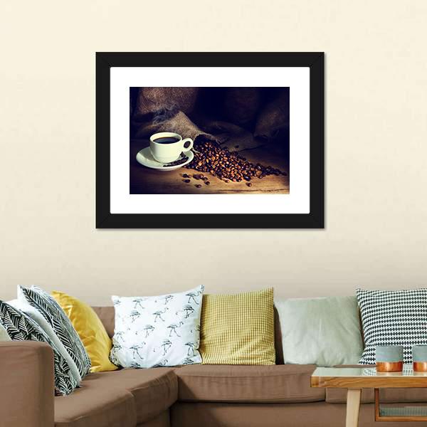 Coffee Cup &amp; Coffee Beans Canvas Wall Art-1 Piece-Framed Print-20" x 16"-Tiaracle