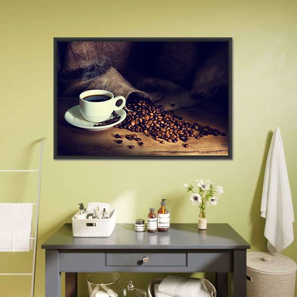 Coffee Cup & Coffee Beans Canvas Wall Art-5 Horizontal-Gallery Wrap-22" x 12"-Tiaracle