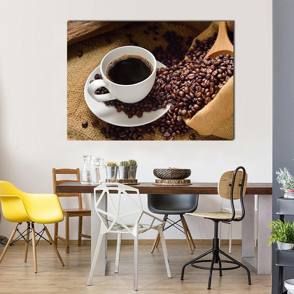 Coffee Cup and Coffee Beans Canvas Wall Art in white, beige and brown, single panel hung on a wall